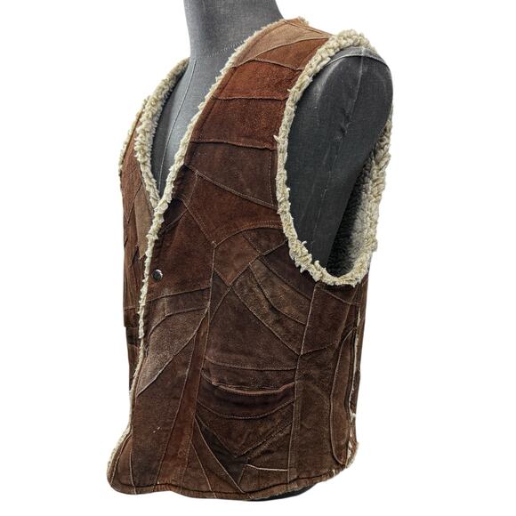 Western Cowboy VTG Sherpa Shearling Brown Patchwork Suede Leather Vest Size S/M - Picture 4 of 8